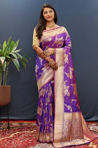 Purple banarasi silk blend saree with gold zari floral weaving & rich border