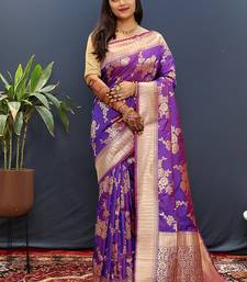 Purple banarasi silk blend saree with gold zari floral weaving & rich border