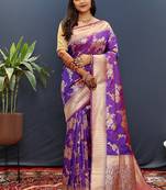 Purple banarasi silk blend saree with gold zari floral weaving & rich border