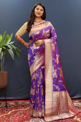 Purple banarasi silk blend saree with gold zari floral weaving & rich border