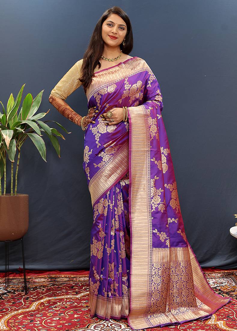 Purple banarasi silk blend saree with gold zari floral weaving & rich border