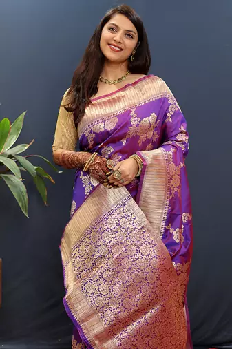 Purple banarasi silk blend saree with gold zari floral weaving & rich border