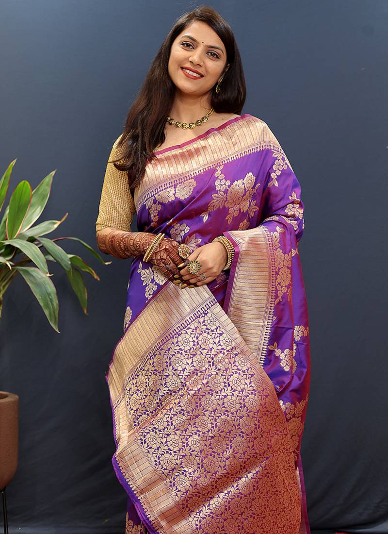 Purple banarasi silk blend saree with gold zari floral weaving & rich border