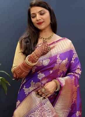 Purple banarasi silk blend saree with gold zari floral weaving & rich border 4