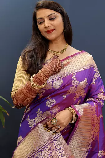 Purple banarasi silk blend saree with gold zari floral weaving & rich border
