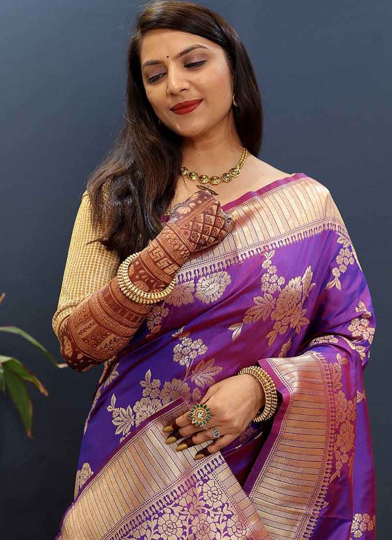 Purple banarasi silk blend saree with gold zari floral weaving & rich border