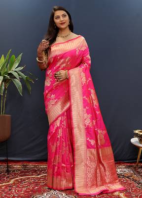 Rani pink banarasi silk blend saree with gold zari floral weaving & rich border 1