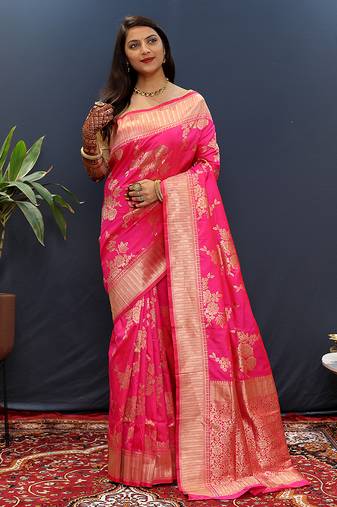 Rani pink banarasi silk blend saree with gold zari floral weaving & rich border