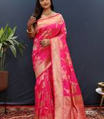 Rani pink banarasi silk blend saree with gold zari floral weaving & rich border