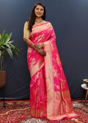 Rani pink banarasi silk blend saree with gold zari floral weaving & rich border 2