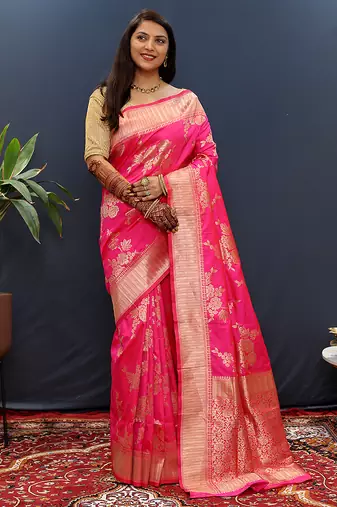 Rani pink banarasi silk blend saree with gold zari floral weaving & rich border