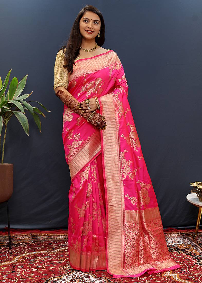 Rani pink banarasi silk blend saree with gold zari floral weaving & rich border
