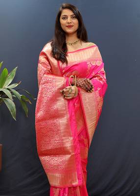 Rani pink banarasi silk blend saree with gold zari floral weaving & rich border 3