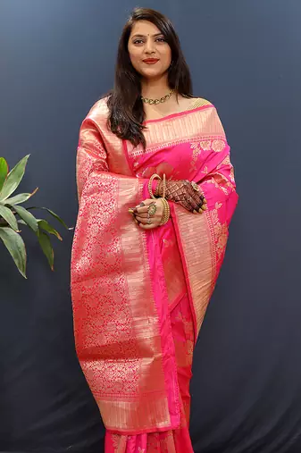 Rani pink banarasi silk blend saree with gold zari floral weaving & rich border