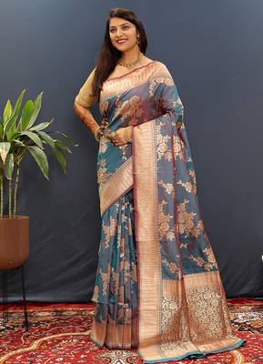 Grey banarasi silk blend saree with gold zari floral weaving & rich border 1