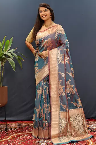 Grey banarasi silk blend saree with gold zari floral weaving & rich border