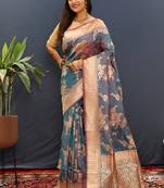 Grey banarasi silk blend saree with gold zari floral weaving & rich border