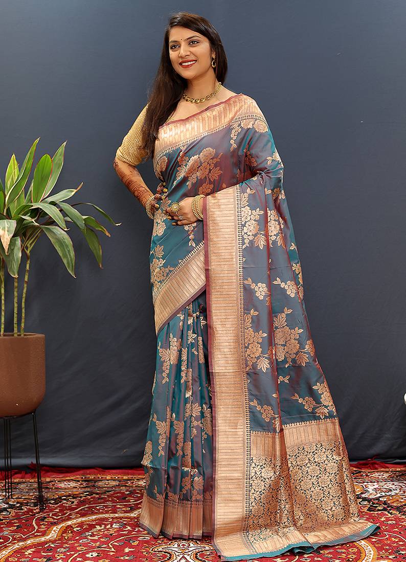 Grey banarasi silk blend saree with gold zari floral weaving & rich border