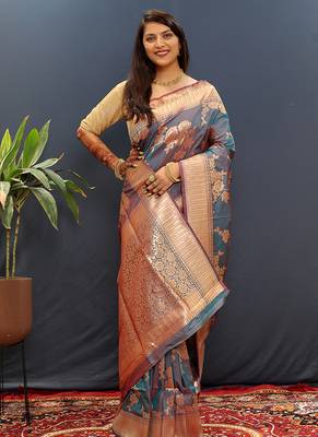 Grey banarasi silk blend saree with gold zari floral weaving & rich border 2