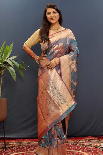 Grey banarasi silk blend saree with gold zari floral weaving & rich border