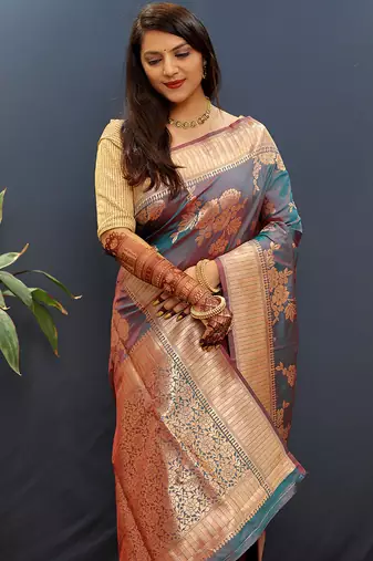 Grey banarasi silk blend saree with gold zari floral weaving & rich border