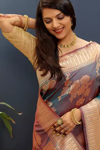 Grey banarasi silk blend saree with gold zari floral weaving & rich border