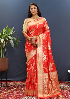 Red banarasi silk blend saree with gold zari floral weaving & rich border 1