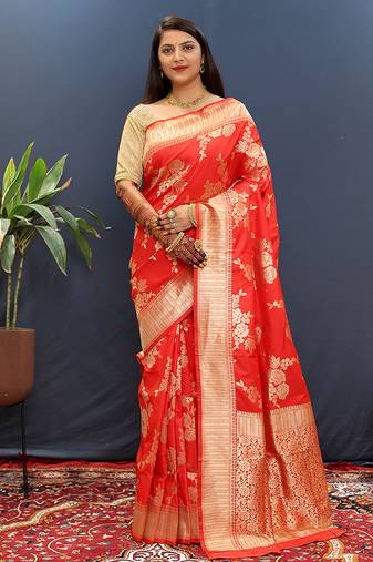 Red banarasi silk blend saree with gold zari floral weaving & rich border