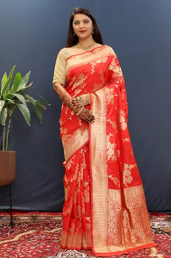 Red banarasi silk blend saree with gold zari floral weaving & rich border