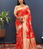 Red banarasi silk blend saree with gold zari floral weaving & rich border