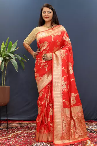Red banarasi silk blend saree with gold zari floral weaving & rich border