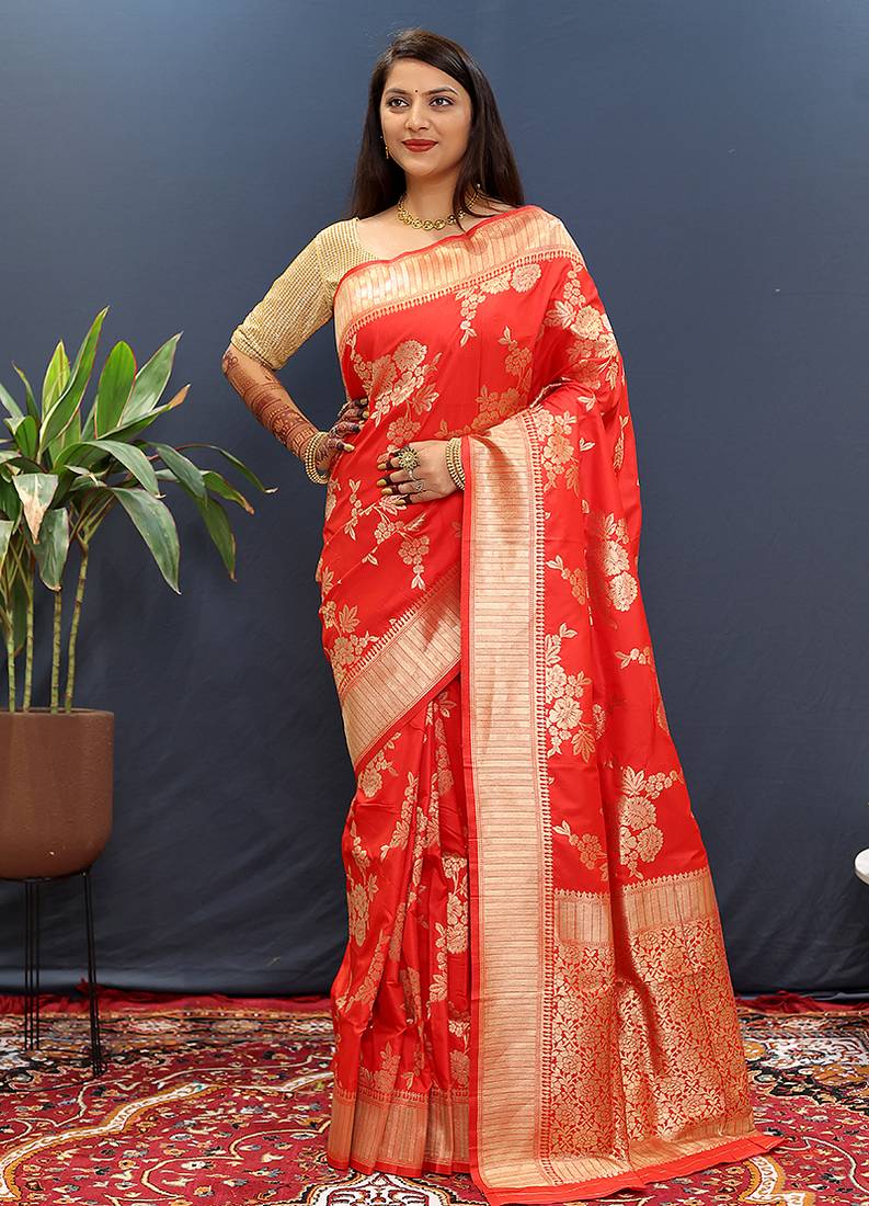 Red banarasi silk blend saree with gold zari floral weaving & rich border