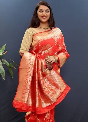 Red banarasi silk blend saree with gold zari floral weaving & rich border 3