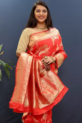 Red banarasi silk blend saree with gold zari floral weaving & rich border