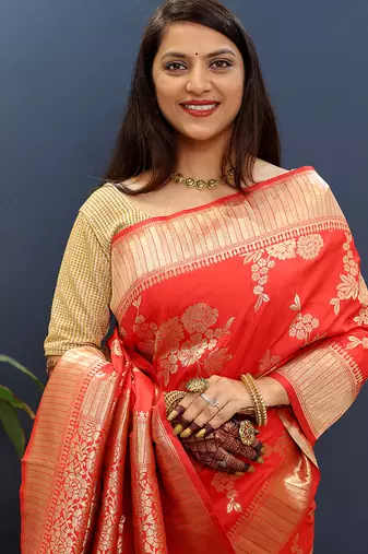 Red banarasi silk blend saree with gold zari floral weaving & rich border