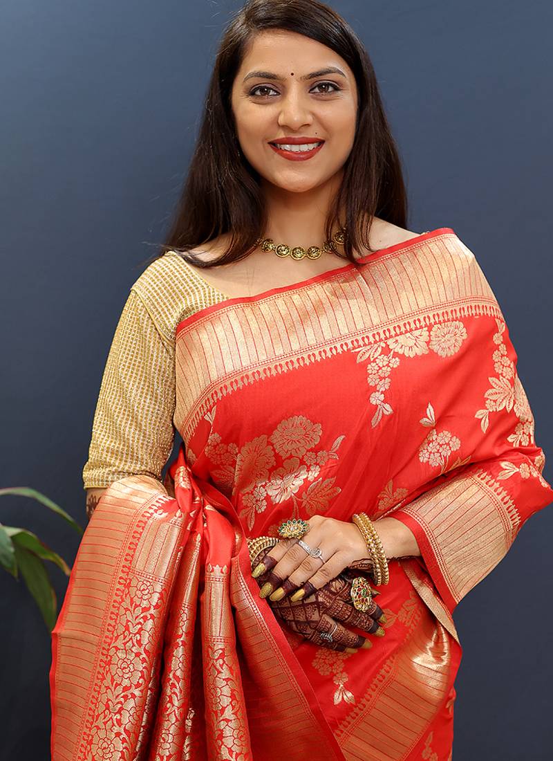 Red banarasi silk blend saree with gold zari floral weaving & rich border