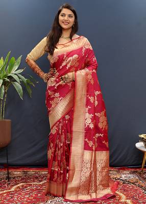 Rani pink banarasi silk blend saree with gold zari floral weaving & rich border 1