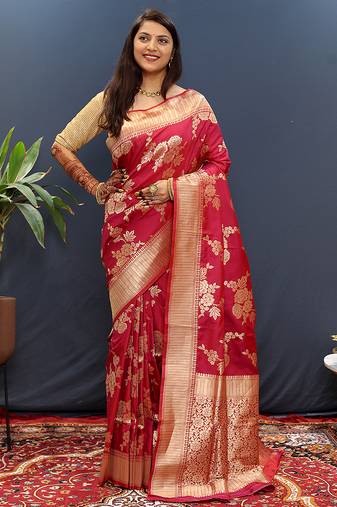 Rani pink banarasi silk blend saree with gold zari floral weaving & rich border