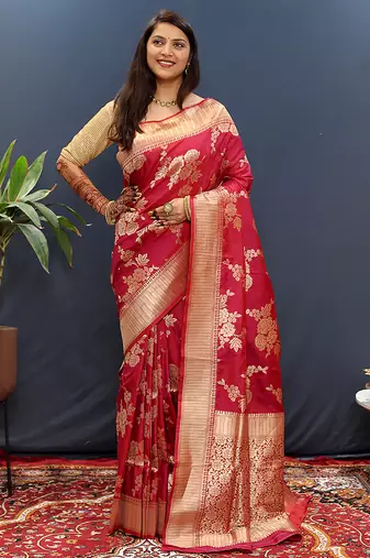 Rani pink banarasi silk blend saree with gold zari floral weaving & rich border
