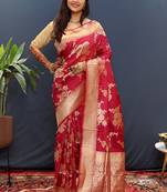 Rani pink banarasi silk blend saree with gold zari floral weaving & rich border