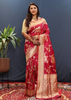 Rani pink banarasi silk blend saree with gold zari floral weaving & rich border 2