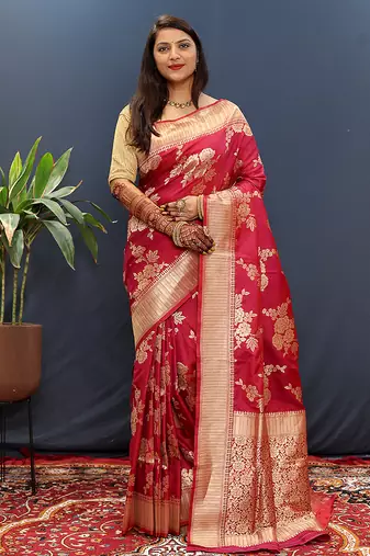 Rani pink banarasi silk blend saree with gold zari floral weaving & rich border