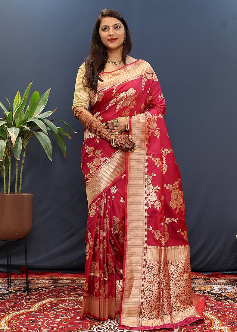 Rani pink banarasi silk blend saree with gold zari floral weaving & rich border
