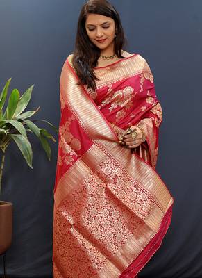 Rani pink banarasi silk blend saree with gold zari floral weaving & rich border 3