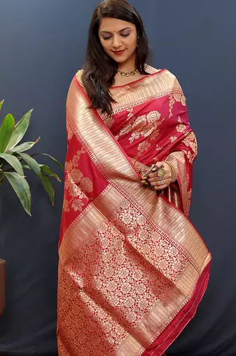 Rani pink banarasi silk blend saree with gold zari floral weaving & rich border