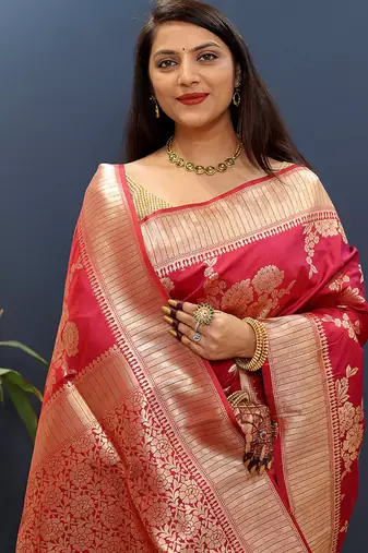 Rani pink banarasi silk blend saree with gold zari floral weaving & rich border