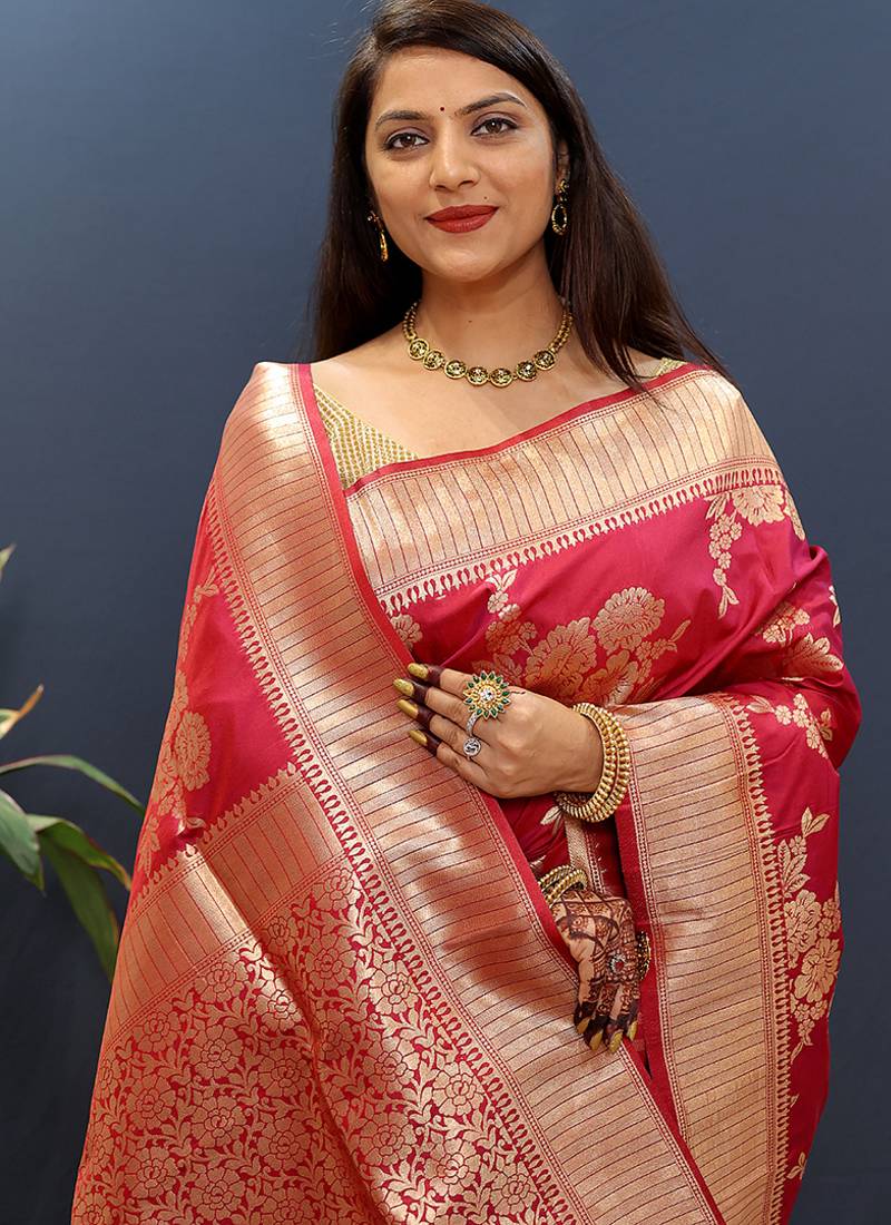 Rani pink banarasi silk blend saree with gold zari floral weaving & rich border