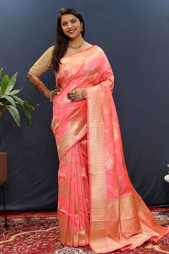 Light pink banarasi silk blend saree with gold zari floral weaving & rich border