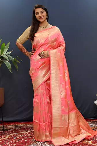 Light pink banarasi silk blend saree with gold zari floral weaving & rich border