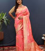 Light pink banarasi silk blend saree with gold zari floral weaving & rich border